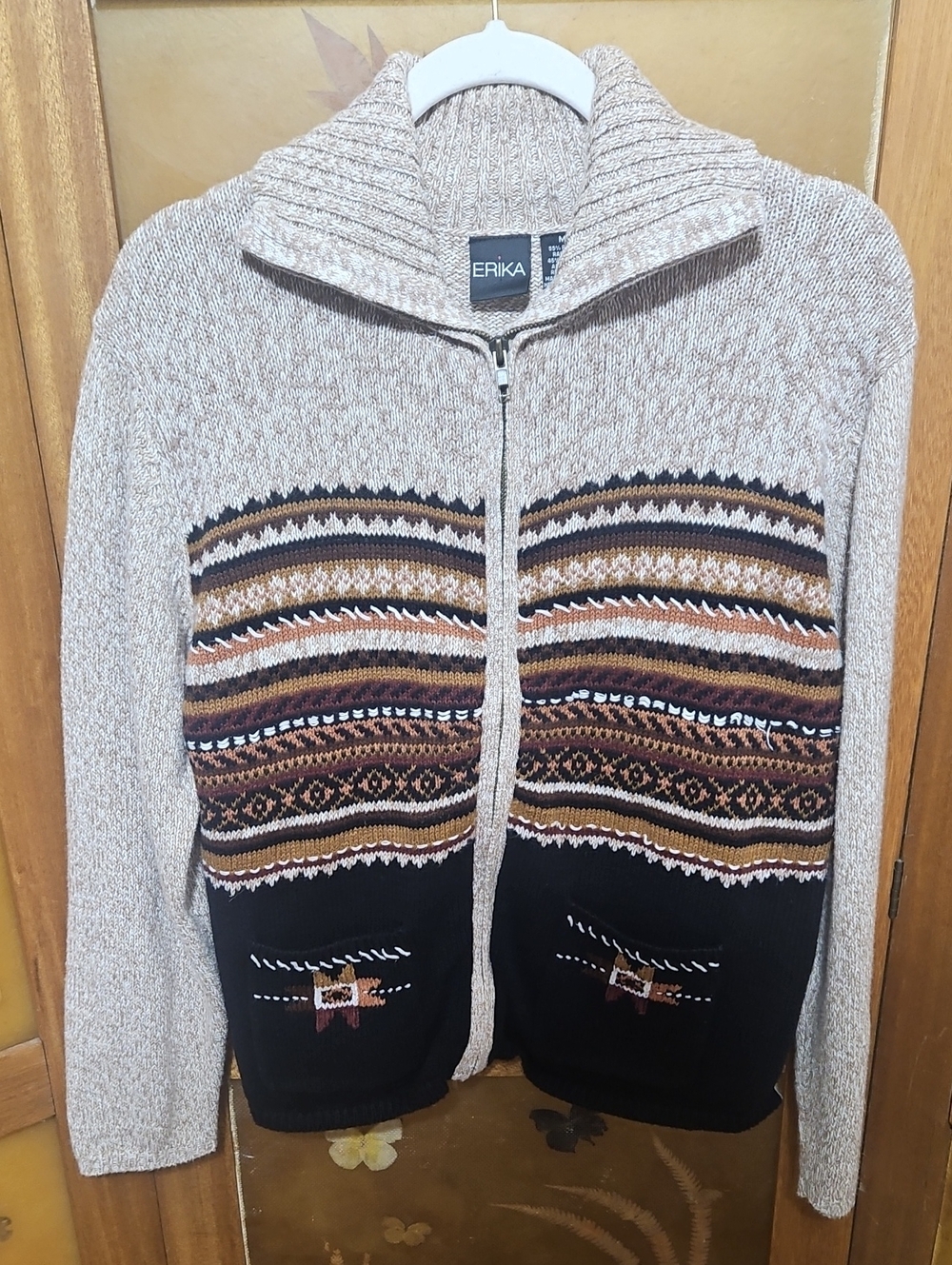 Vintage 90s Erika Southwestern Fair Isle Knit Full Zip Cardigan Sweater Pockets